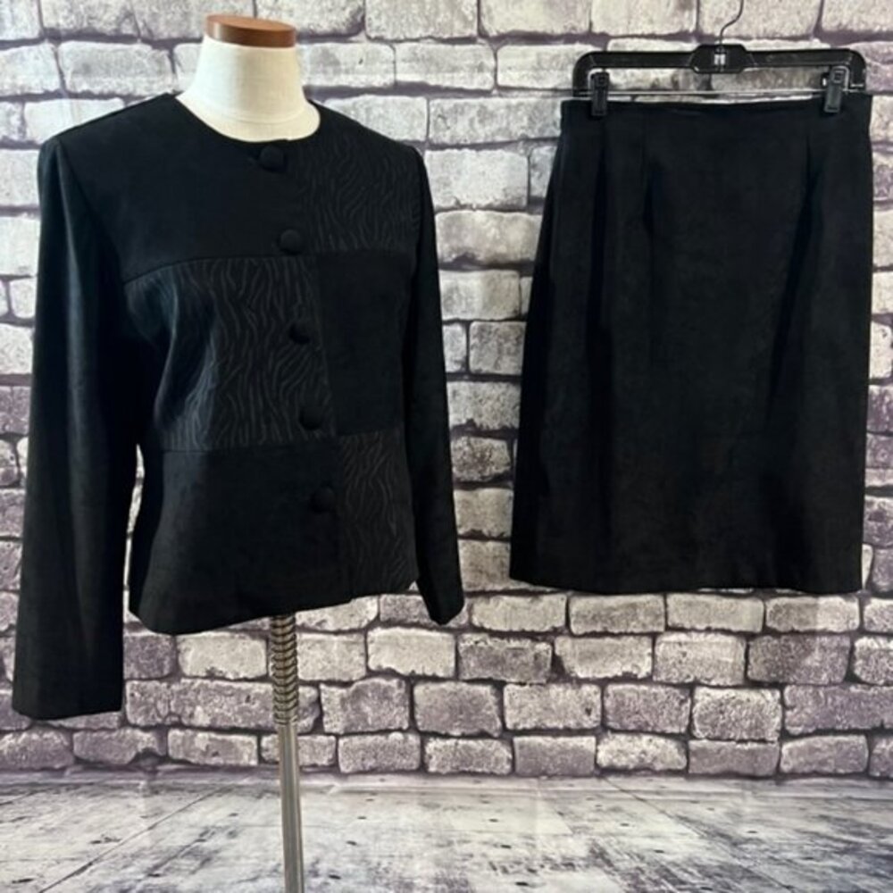 Leslie Fay Black Jacket & Skirt Suit Size 12P